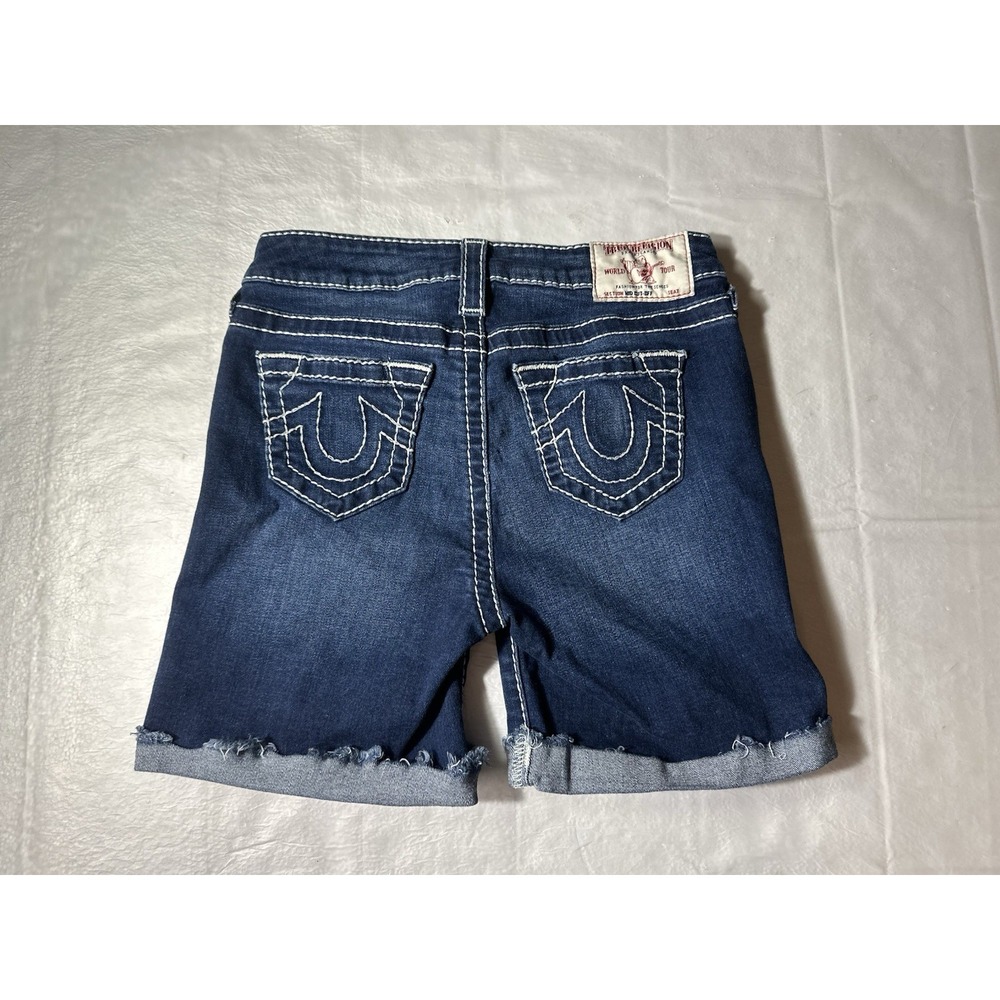 True Religion Jennie Shorts Womens 26 Blue Distressed Denim Cuffed Mid Length